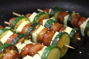 Cook the skewers until the ingredients are golden.